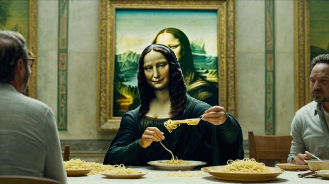 Mona Lisa eating spaghetti