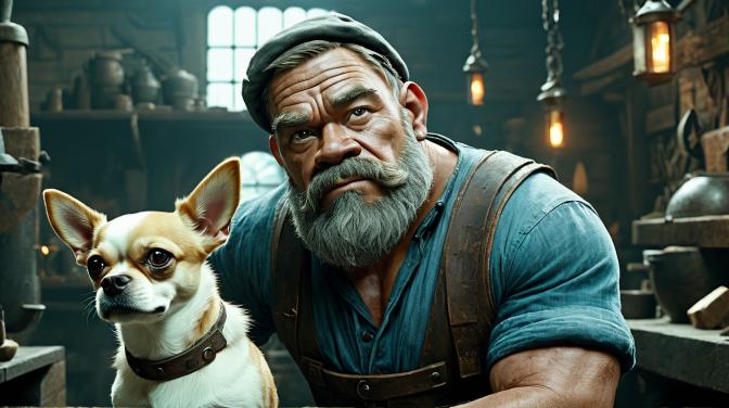 Blacksmith Dwarf with a Chihuahua.