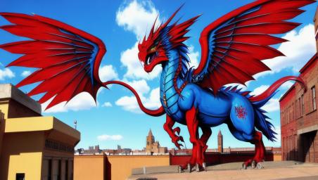 A red dragon with blue wings in the sky,