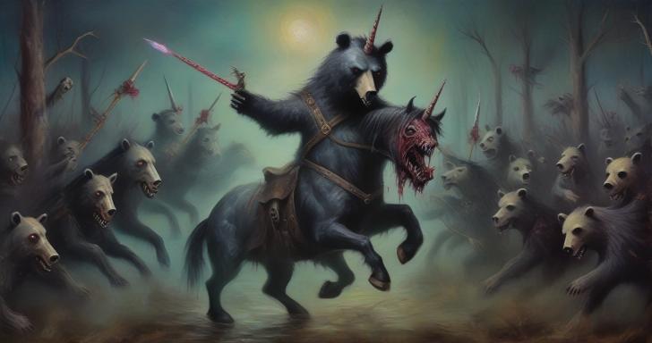 Zombie bears hunting a unicorn.