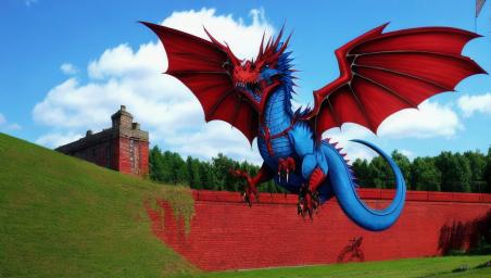 A red dragon flying with a blue dragon,