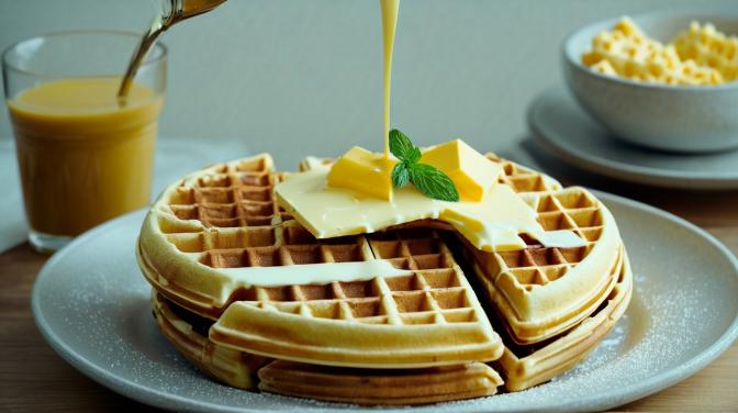 Waffles with butter and milk and cheese.