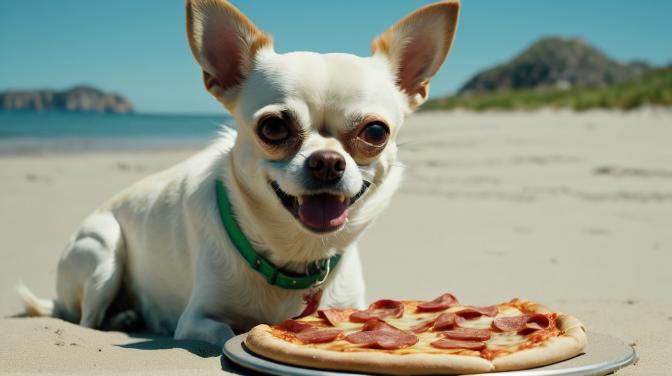 Chihuahua eating a pizza at a beach.