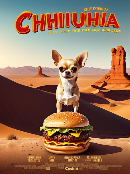 Chihuahua eating a burger in the desert.