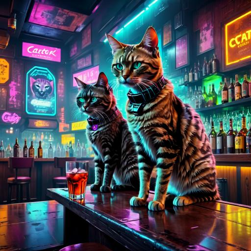 Cats drink alcohol in the bar.