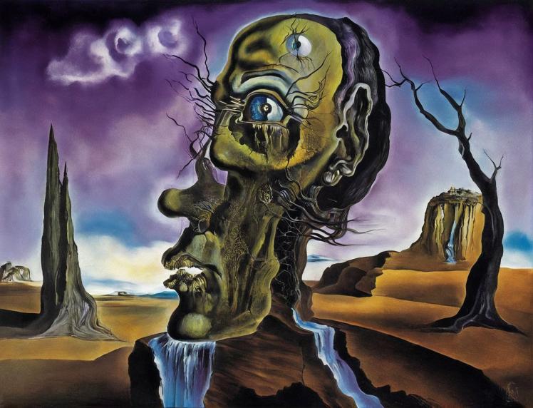humanoid head made of earthly landscapes with large tall trees and a waterfall coming out of one of their eyes. The background is purple.