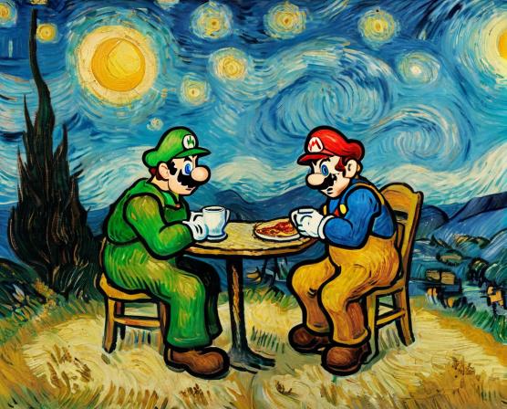 Super Mario Brothers, drinking coffee and eating pizza at nighttime, the sun is shining and it's nighttime, it's really weird.