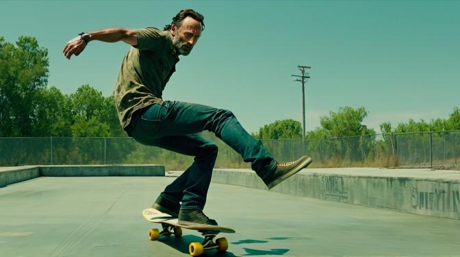 Make Rick Grimes do a kickflip on a skateboard over a toxic waste barrel.