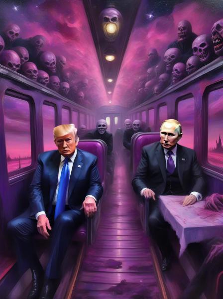 Donald Trump and Putin sharing a train ride through a starry lit sky with lots of pink and purple colors.