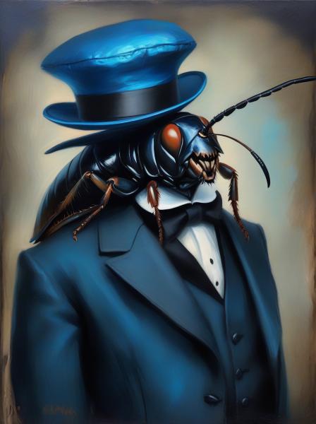 A tuxedo cockroach with a blue baseball hat backwards.