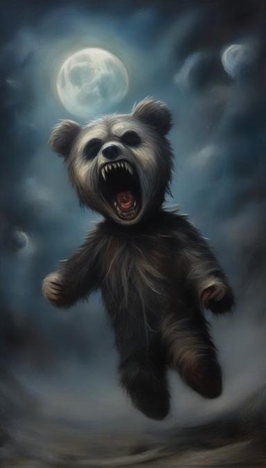 Screaming teddy bear, fangs, full moon.