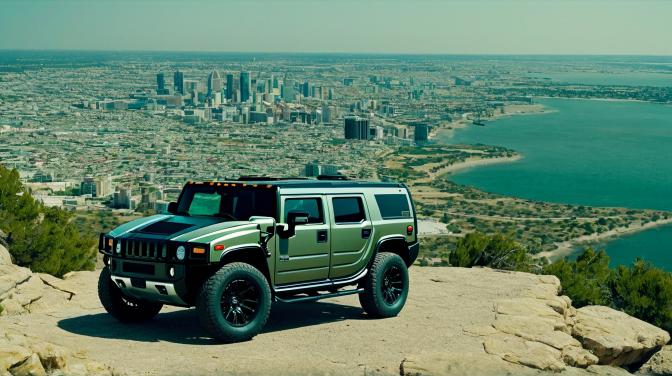 H1 Hummer on a cliff overlooking a city.