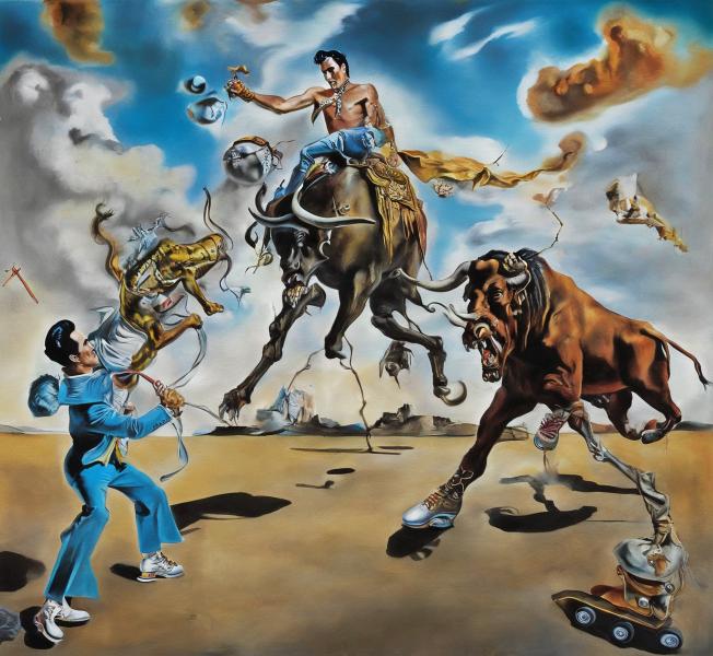 Elvis Presley battling a minotaur wearing roller skates
