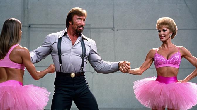 Chuck Norris wearing a pink tutu dancing with Arnold Schwarzenegger in a thong.