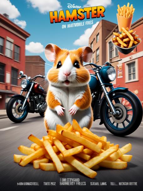 Hamster on a motorbike eating fries.