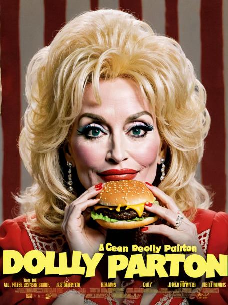 Dolly Parton eating a cheeseburger.