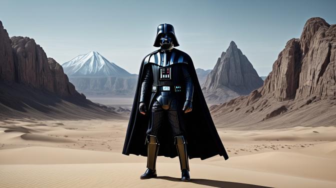 Darth Vader, in a desert, with mountains and a metal dome.
