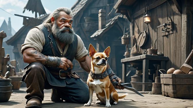 Blacksmith Dwarf with a Chihuahua.