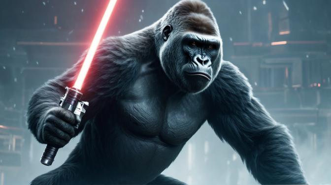 Big black African gorilla monkeys with lightsabers.