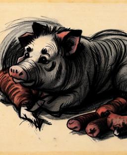 Porky Pig eating lots of sausages and bacon and drooling really badly over it.