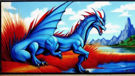 Blue dragon with red reeds,
