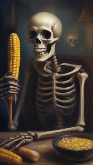 Skeleton eating corn dog.