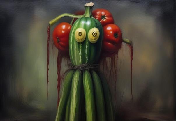 Cucumber with tomato ears and a banana nose.