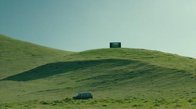 TV on a hill in a pickle.