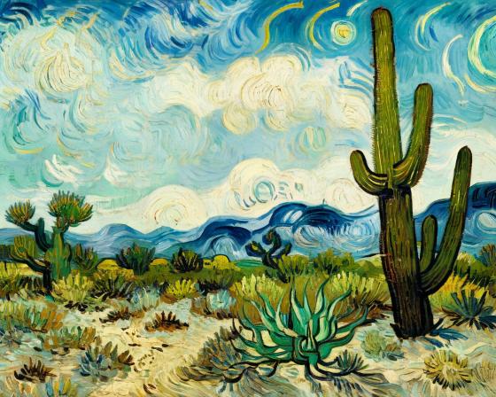 a desert with cactus and a roadrunner.