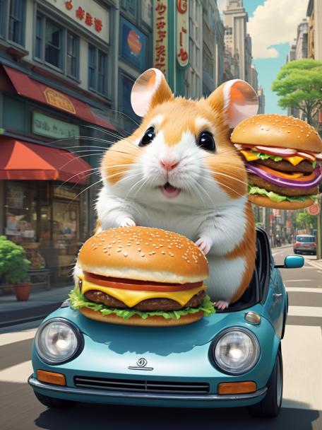 Studio Ghibli hamster in a car eating a burger