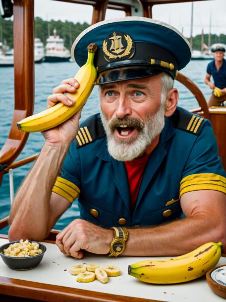 Boat captain eating a banana.