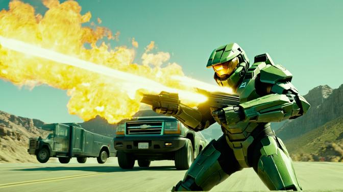 Master Chief shooting up a truck.