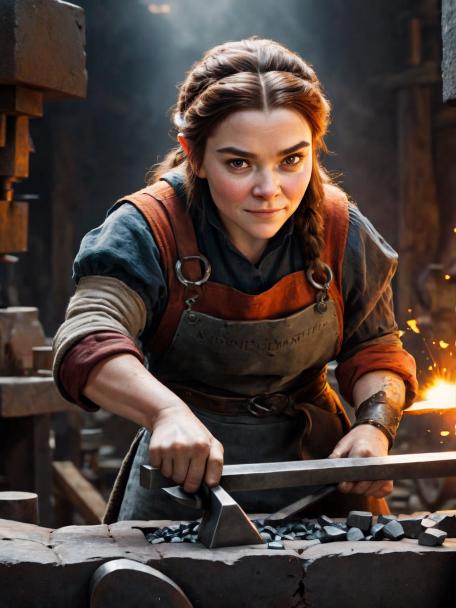 A female dwarf blacksmith person forging a new piece of ore.