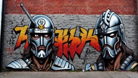 Graffiti of a gladiator helmet on a brick wall,