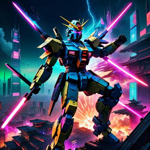 Gundam Ninja fighting in the sky.