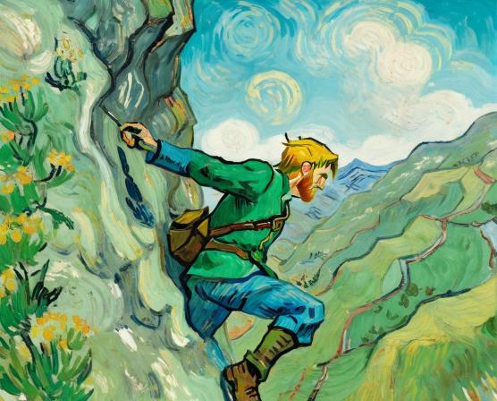 Link from the Legend of Zelda climbing up the side of a cliff. We're talking about Link from the Legend of Zelda Breath of the Wild climbing up the side of a mountain in Hyrule.