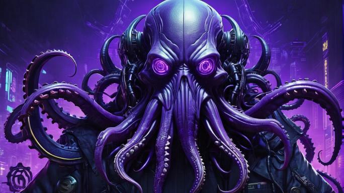 Purple, Cthulhu, lots of tentacles, cyberpunk.