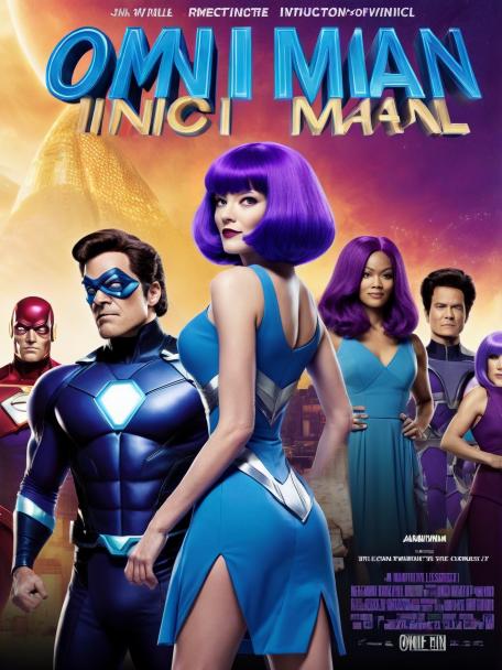 Omni-Man from Invincible dressed in a blue dress and purple wig.