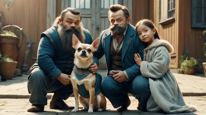 A dwarf family with a chihuahua.