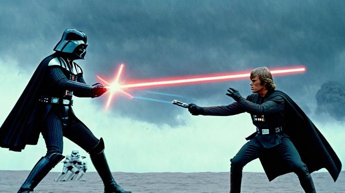Darth Vader battling Luke Skywalker.