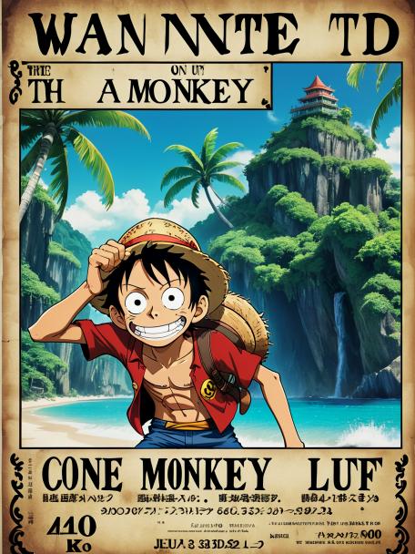 Monkey D. Luffy from the anime One Piece at a Tropical Resort in the Wanted poster.