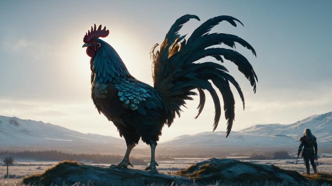 Freya Amethyst as a giant rooster.