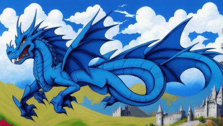 A blue dragon in the sky facing a castle,