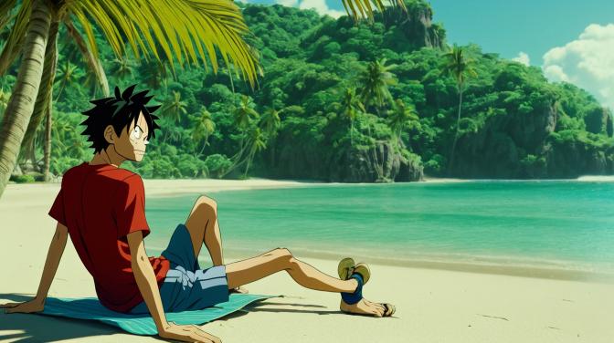 Monkey D. Luffy relaxing at a tropical beach.