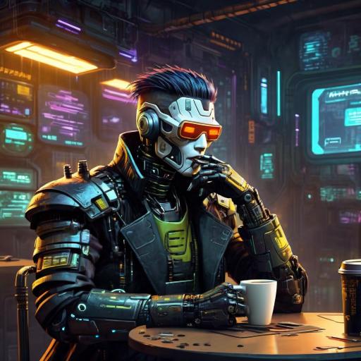 Midnight, drinking a cup of coffee.