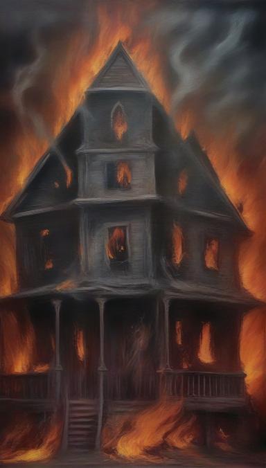House set on fire and ghost coming out.