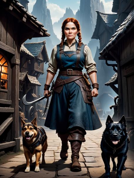 A female dwarf blacksmith person with a canine.