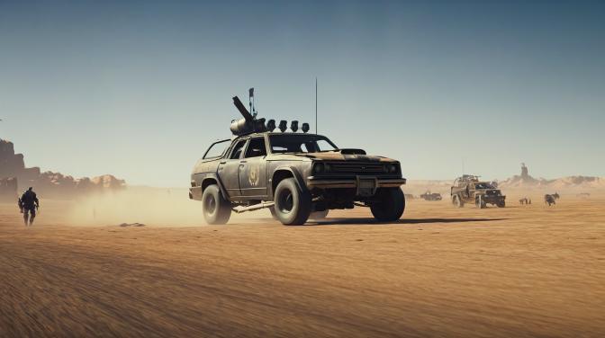 Generate a game screen from a game mixing Rogue Blasters and Mad Max.