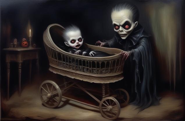 a baby vampire, and a bassinet.