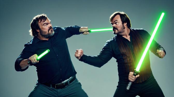 Jack Black and Jack Black fighting each other with lightsabers